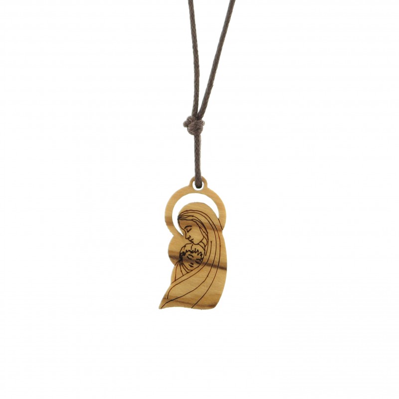 Collier en corde avec pendentif Vierge Enfant en bois