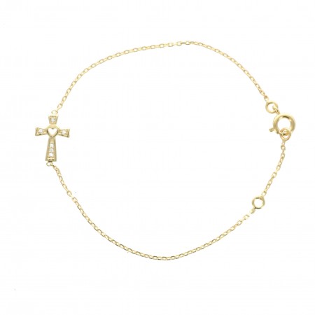 Gold plated bracelet with rhinestone cross and open heart