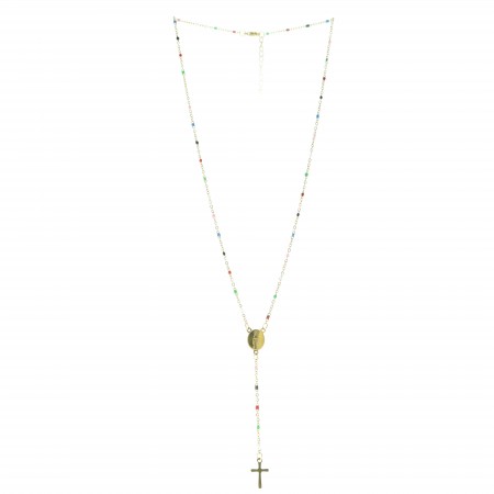 Gold plated rosary necklace from Lourdes with multicoloured beads