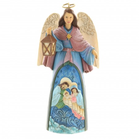 Statua in resina di 12 cm di un angelo con immagine della Sacra Famiglia