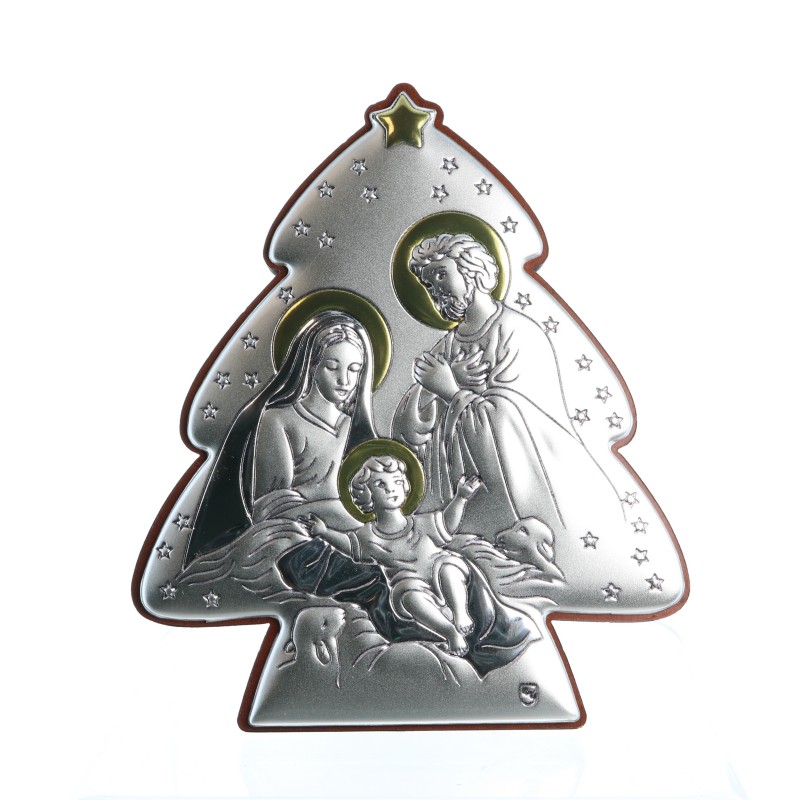 Holy Family silver frame in the shape of a christmas tree 10cm