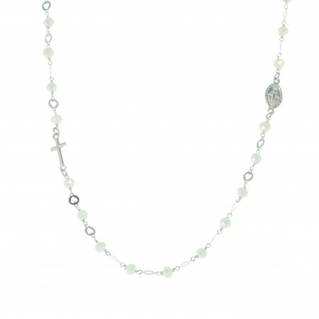 Collana d'argento con perle di vetro, croce d'argento e Miraculous