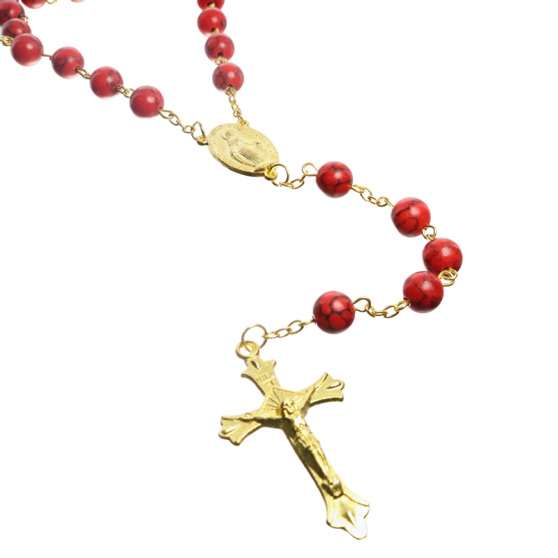 Coral stone rosary with gold chain and box