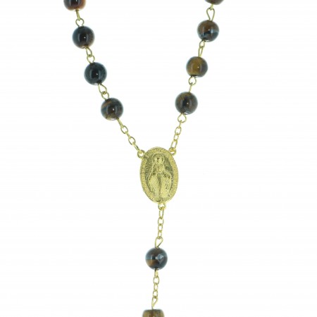 Rosario con occhio di tigre da 8 mm con catena d'oro e scatola