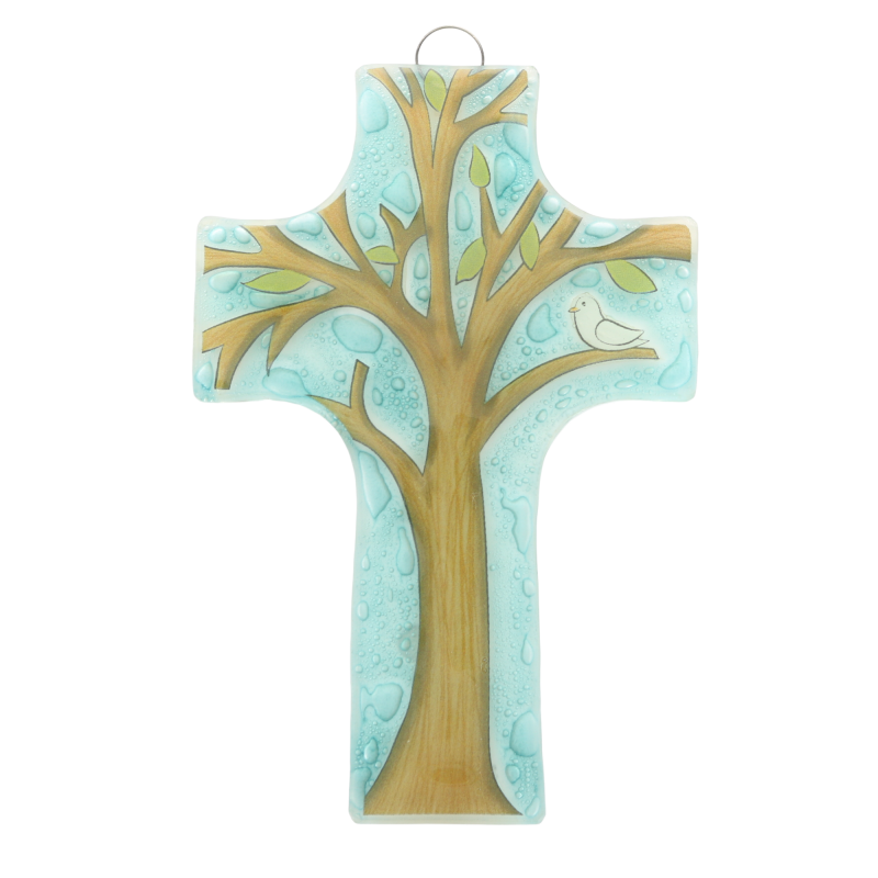 Croix religieuse en verre illustrée d'un arbre de vie 8x12cm