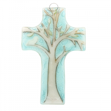 Glass religious cross with tree of life 8x12cm