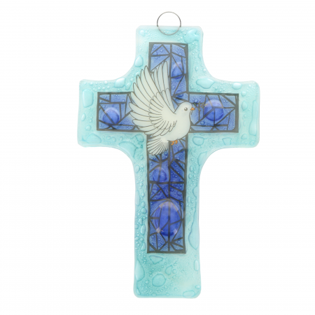 Croix religieuse en verre illustrée d'une colombe 8x12cm