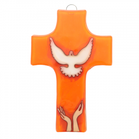 Croix religieuse en verre orange illustrée d'une colombe 8x12cm