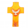 Croix religieuse en verre orange illustrée d'une colombe 8x12cm