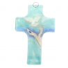Croix religieuse en verre illustrée d'un laché de colombe 8x12cm