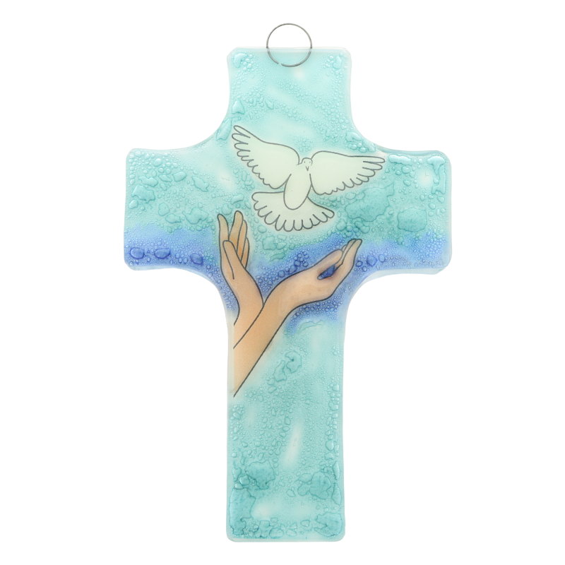 Croix religieuse en verre illustrée d'un laché de colombe 8x12cm