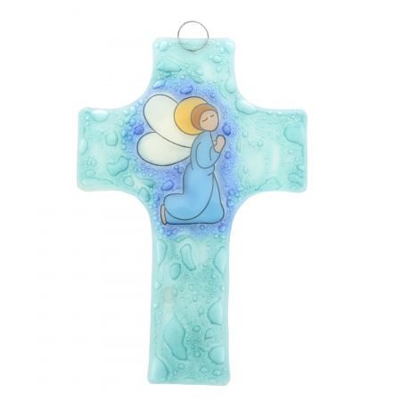 Croce religiosa in vetro con angelo in preghiera 8x12cm