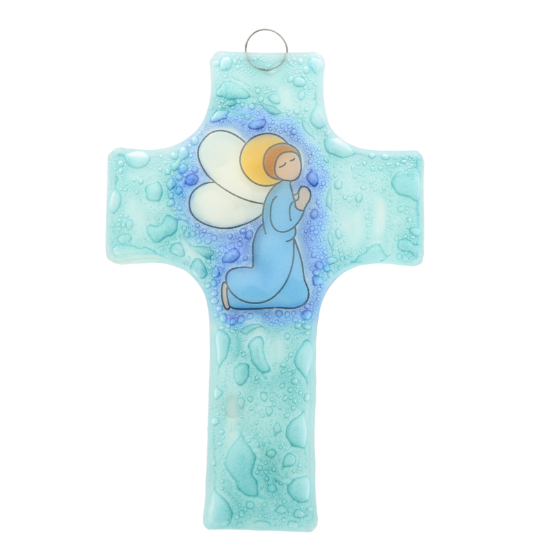 Croix religieuse en verre illustrée d'un ange priant 8x12cm