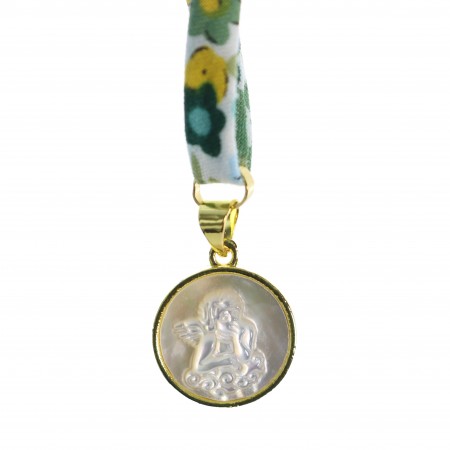 Green fabric necklace with pearly angel medal