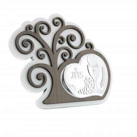 Cadre de communion avec coeur et arbre de vie en argent 15x13cm