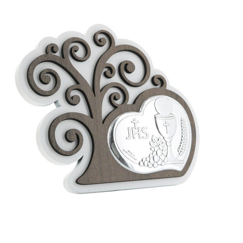 Cadre de communion avec coeur et arbre de vie en argent 15x13cm