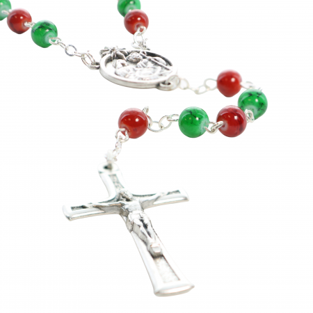Christmas rosary in glass with red and green hematite grains
