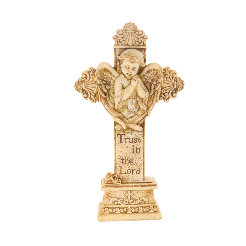 Cross with angel 21cm in stone and beige resin
