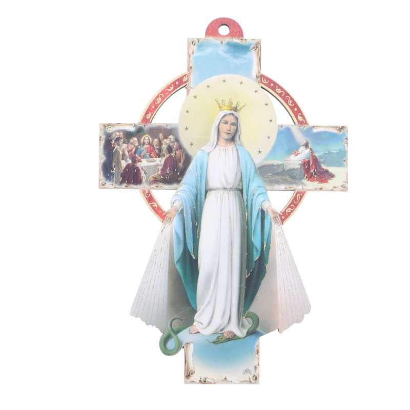 Croix de la Vierge Miraculeuse en bois découpé 10x15cm