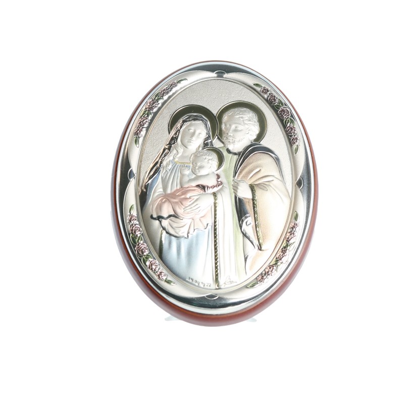 Cornice ovale della Sacra Famiglia in legno e argento 11 cm