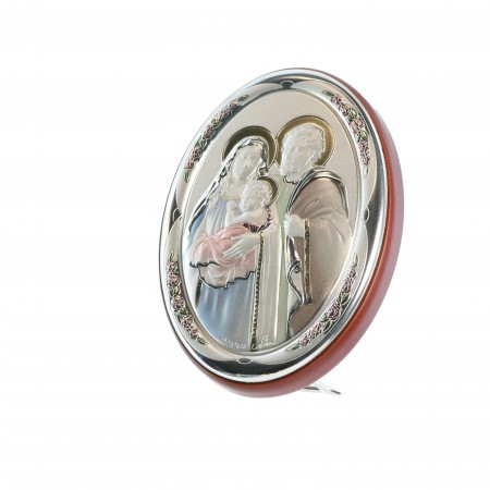 Cornice ovale della Sacra Famiglia in legno e argento 11 cm