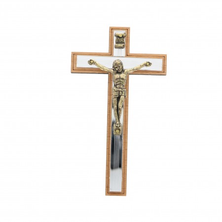 Croce di Cristo in bronzo e legno su sfondo a specchio 12 cm
