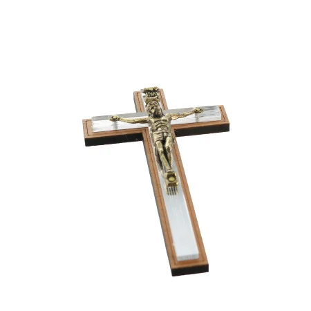 Croce di Cristo in bronzo e legno su sfondo a specchio 12 cm