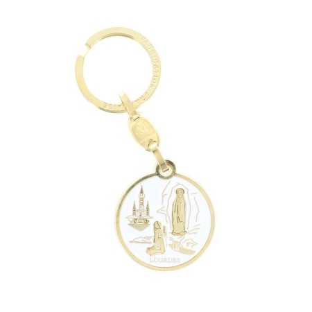 Porte clé rond de l'Apparition de Lourdes en métal doré émaillé blanc