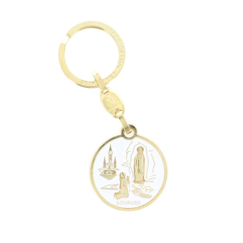 Round key ring of the Apparition of Lourdes in white enamelled gold metal