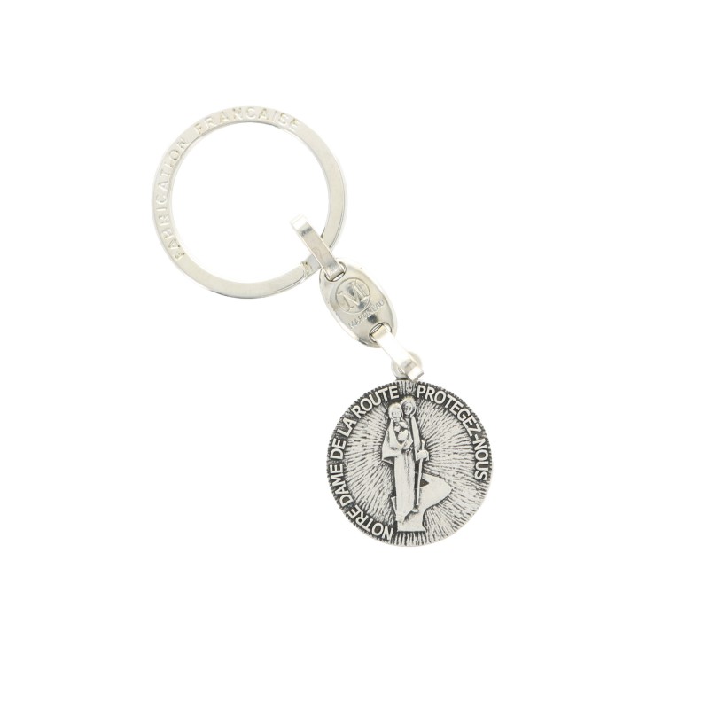 Round key ring of Our Lady of the Road in silver plated metal
