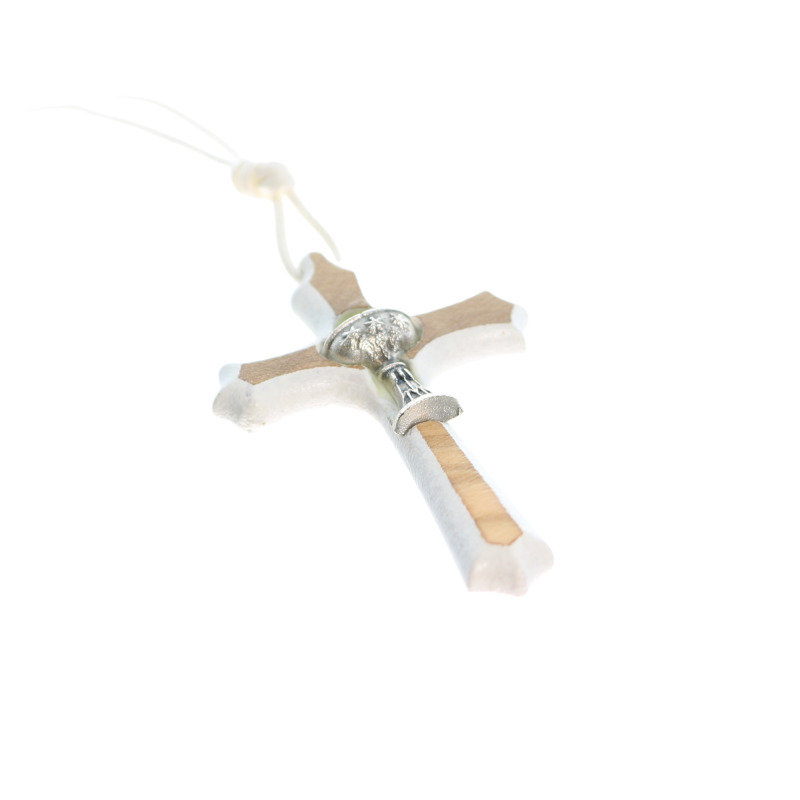 Collana da comunione con croce in legno d'ulivo e cordoncino bianco