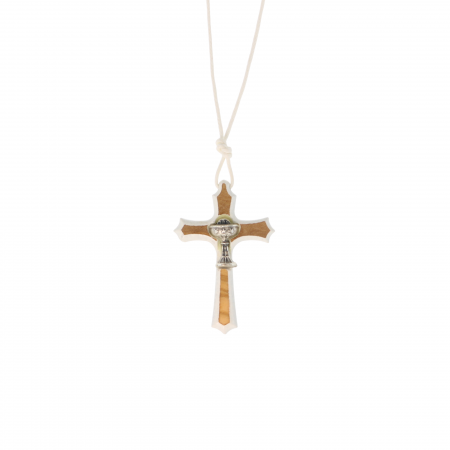 Collier de Communion avec croix en bois d'olivier et cordon blanc