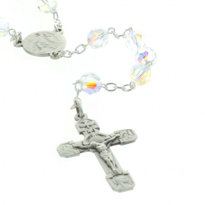 Swarovski crystal Lourdes rosary, silver chain and Lourdes Apparition centerpiece