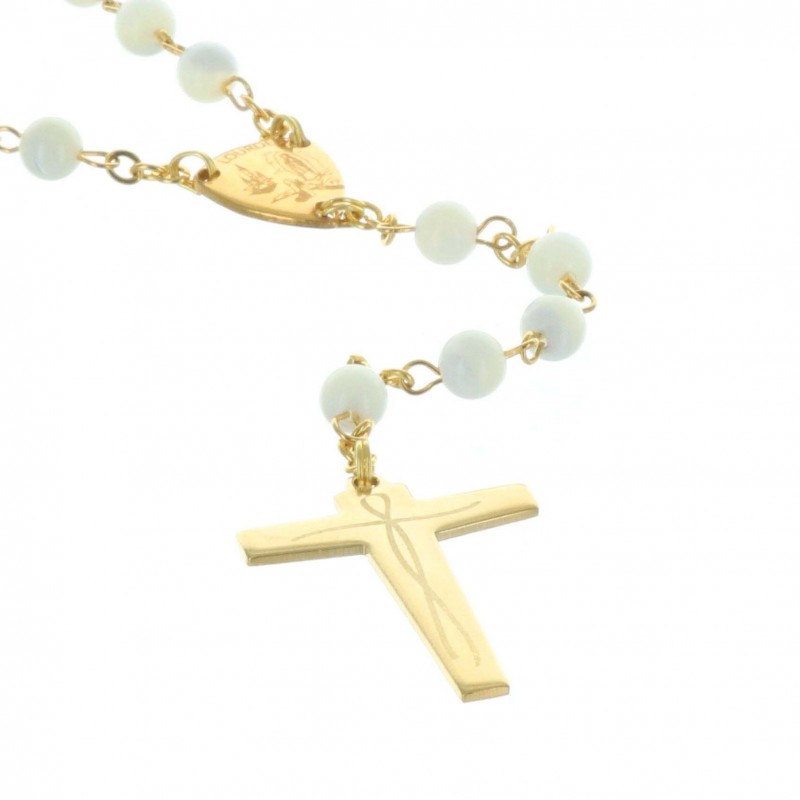 White mother-of-pearl Rosary of Lourdes with centerpiece Lourdes Apparition and Basilica