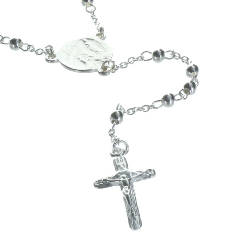 Rosario d'argento di Lourdes con chiusura, perline 3mm croce classica