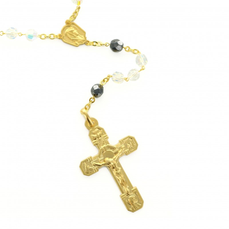 Golden Swarovski Crystal Lourdes Rosary with Apparition Centerpiece
