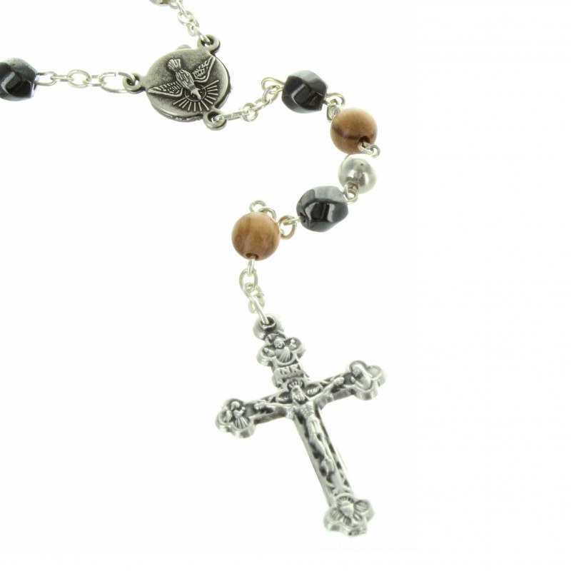 3 materials Lourdes rosary, hematite, wood and metal beads
