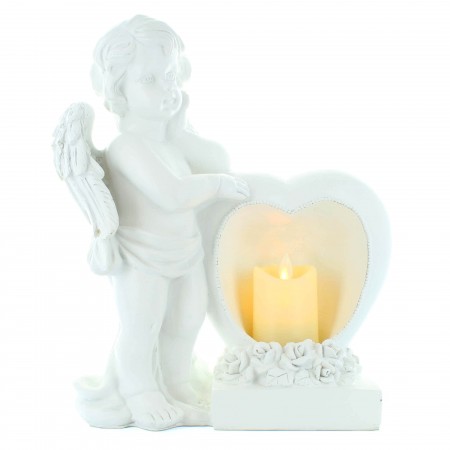 Statua Angelo in piedi in resina con un cuore contenente una candela 30cm