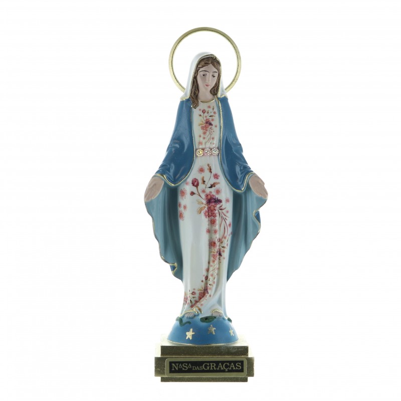 Statue of Our Lady of Grace in white resin with a flowery dress a blue coat 16cm