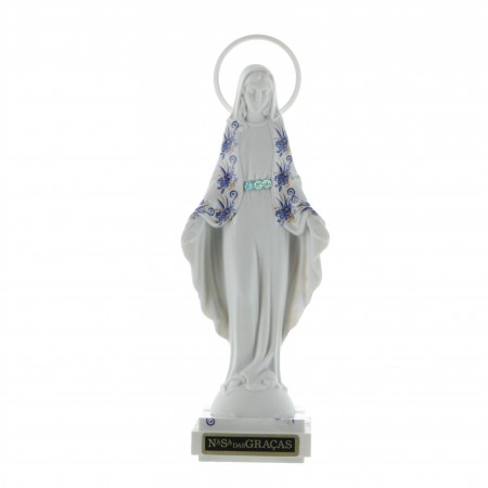 Statue de la Vierge Miraculeuse en résine blanche et son manteau fleuri