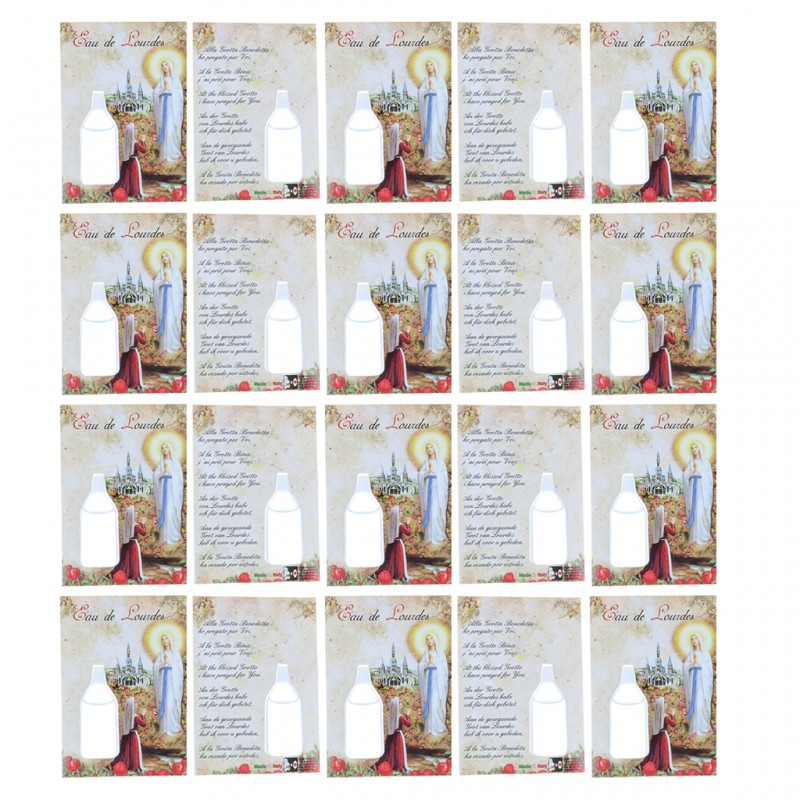 Set di 20 immagini religiose, apparizione di Lourdes, preghiere e fiale di acqua di Lourdes 10 ml