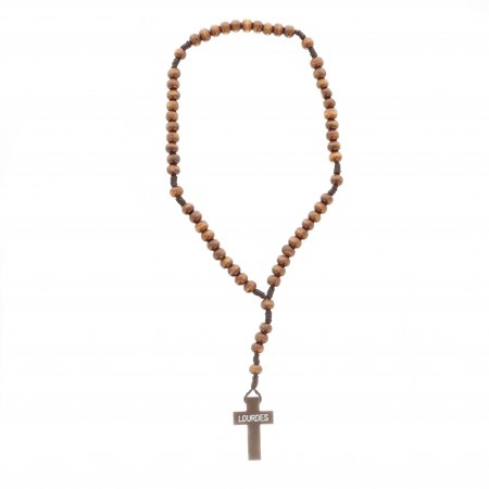 Cord rosary wood beads, Pax cross and Lourdes