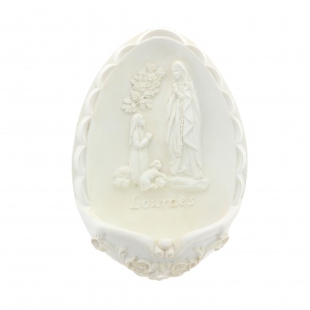 Acquasantiera ovale in resina bianca Apparizione di Lourdes