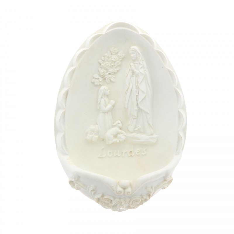 Acquasantiera ovale in resina bianca Apparizione di Lourdes