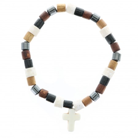 Bracelet en bois, hématite et pierre avec croix