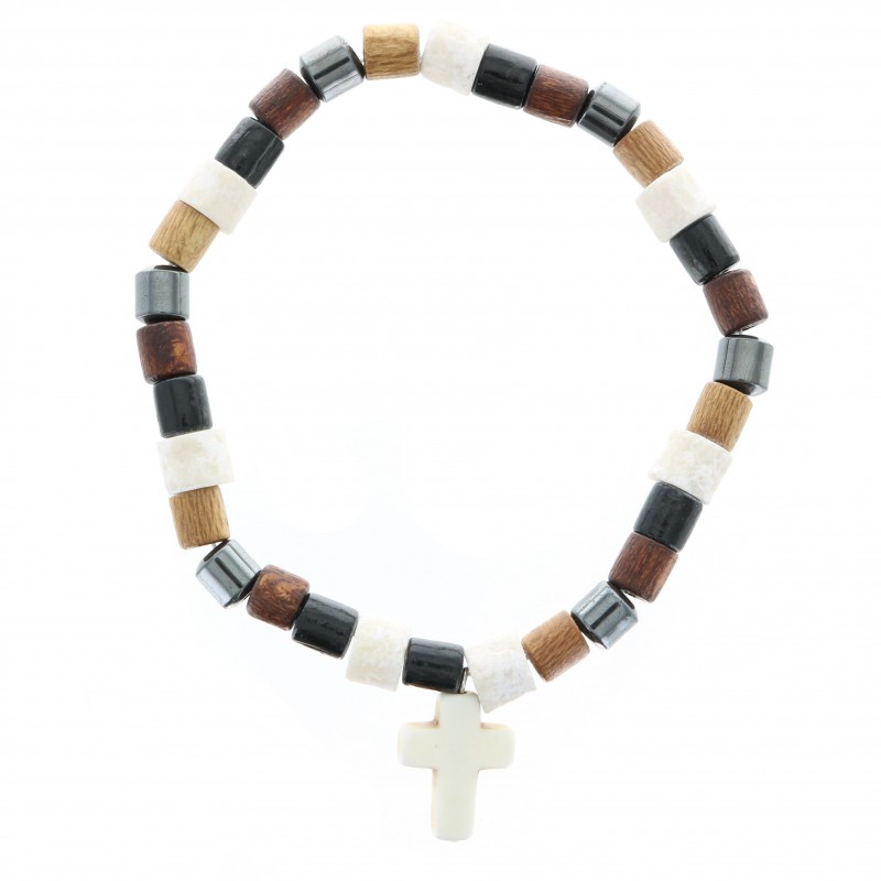 Wood, hematite and stone with a cross bracelet