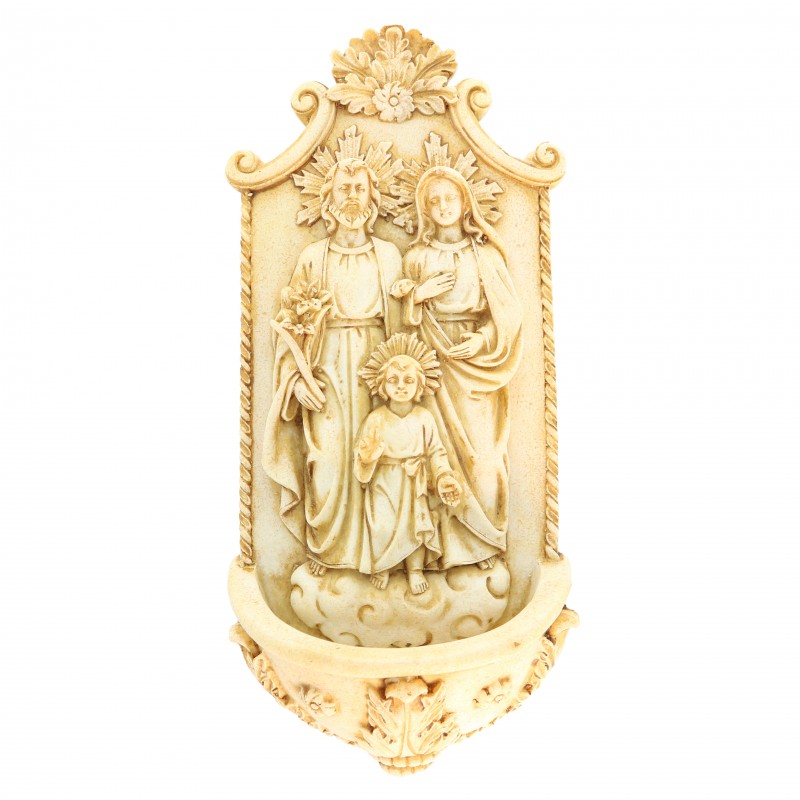 Acquasantiera beige della Sacra Famiglia 21 cm in pietra e resina