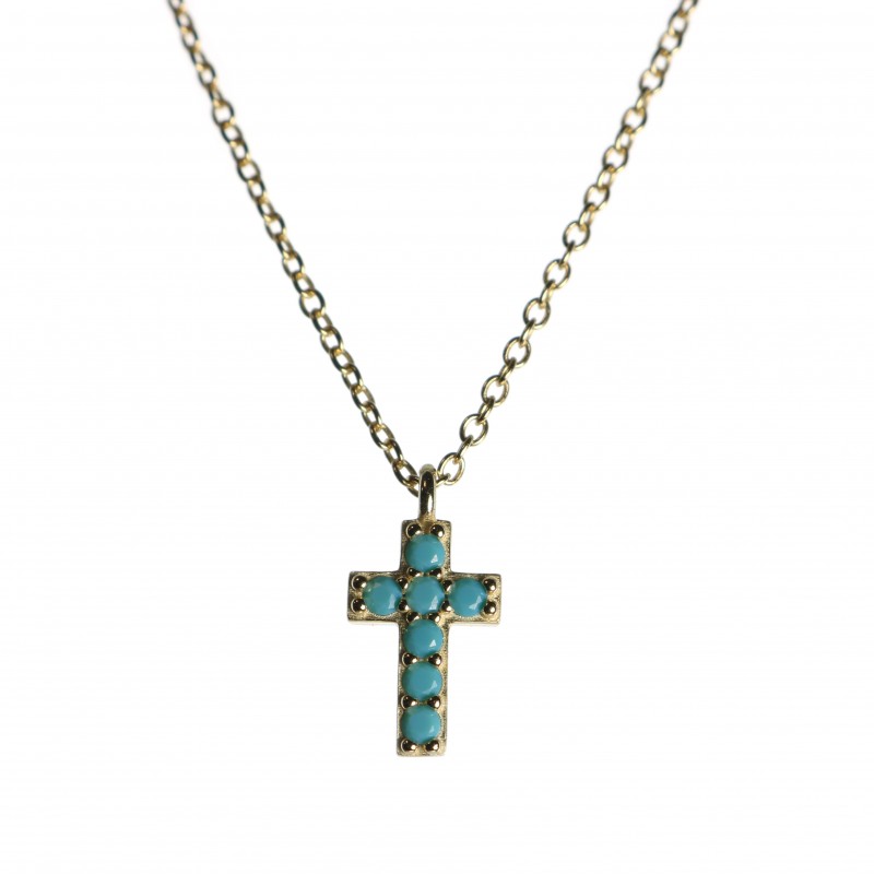Cross in silver and blue rhinestones