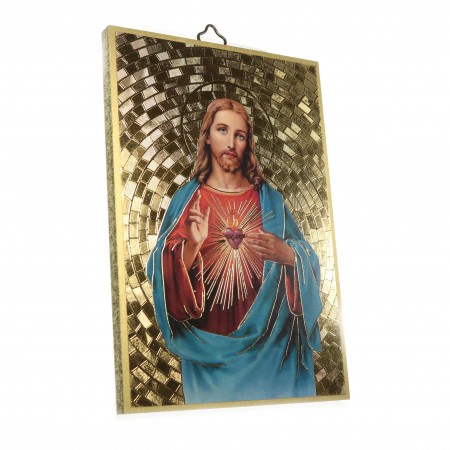 Targa in legno del Sacro Cuore di Gesù su sfondo a mosaico