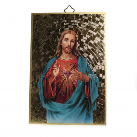 Targa in legno del Sacro Cuore di Gesù su sfondo a mosaico
